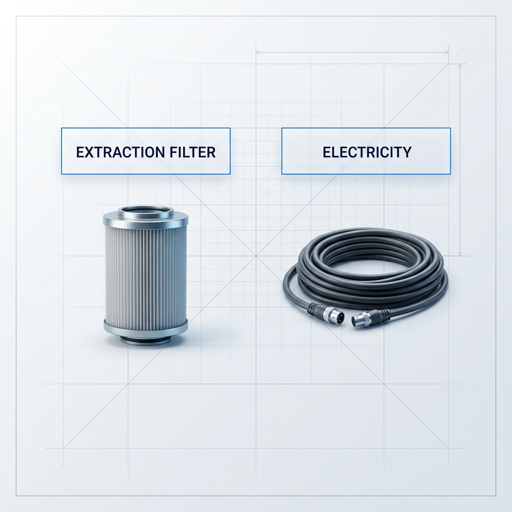 Industrial extraction filter unit and power cable positioned side-by-side on a light technical background, labeled as the two running cost inputs for laser mould cleaning.