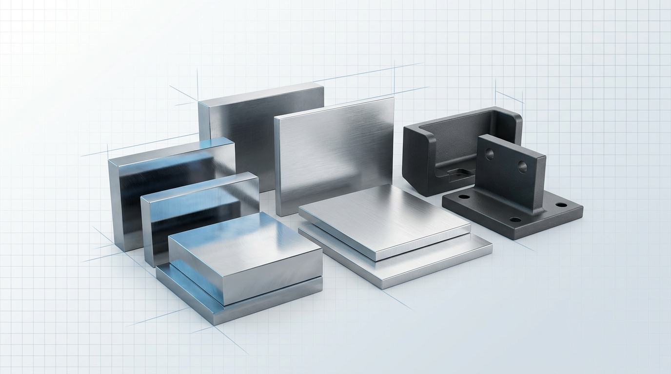 Polished steel blocks, brushed aluminium alloy plates, and matte cast iron components arranged on a neutral industrial surface under studio lighting.