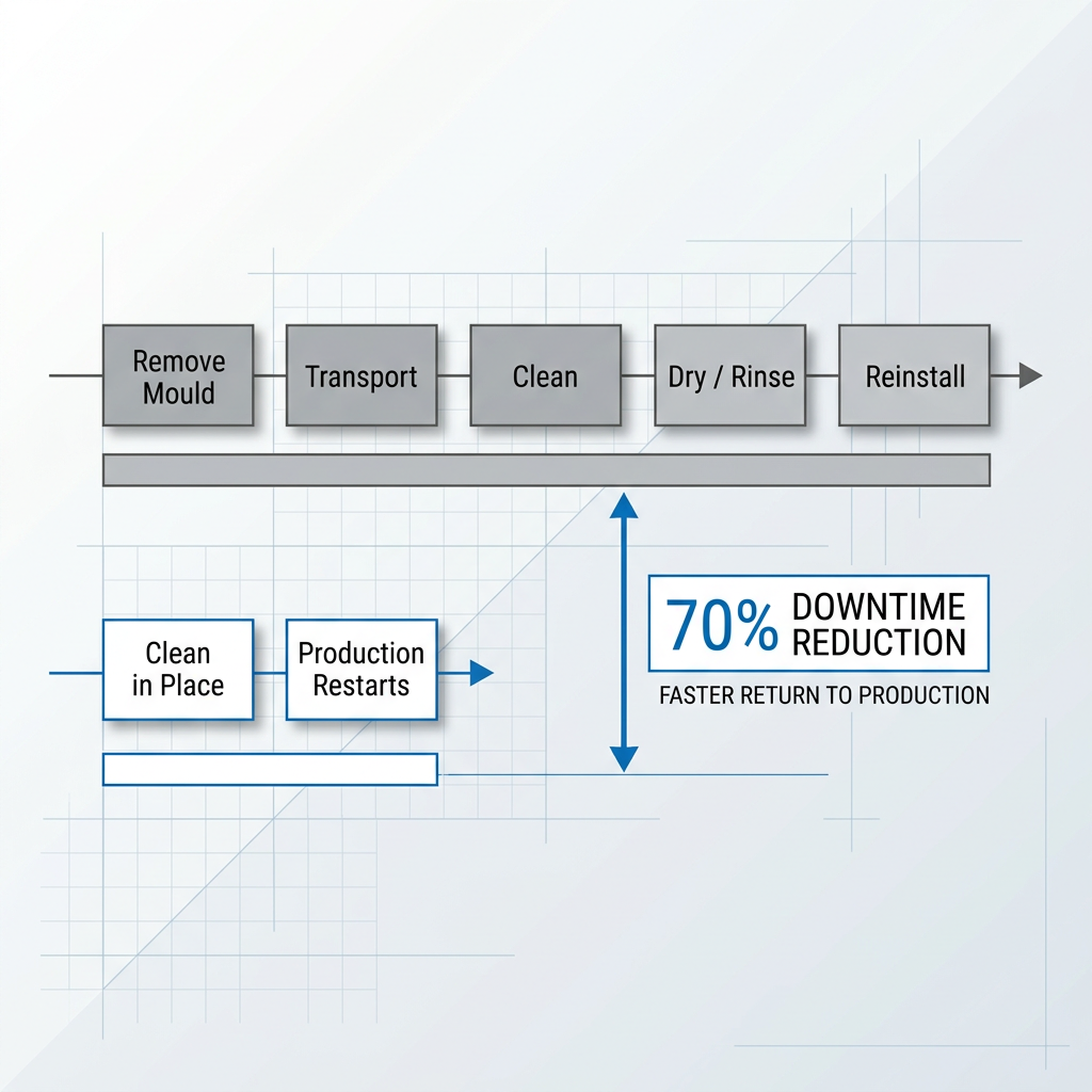 Timeline comparison showing traditional mould cleaning cycle with five sequential steps spanning full duration versus AutoLASE cleaning with two compact steps, with 70% downtime reduction annotation.
