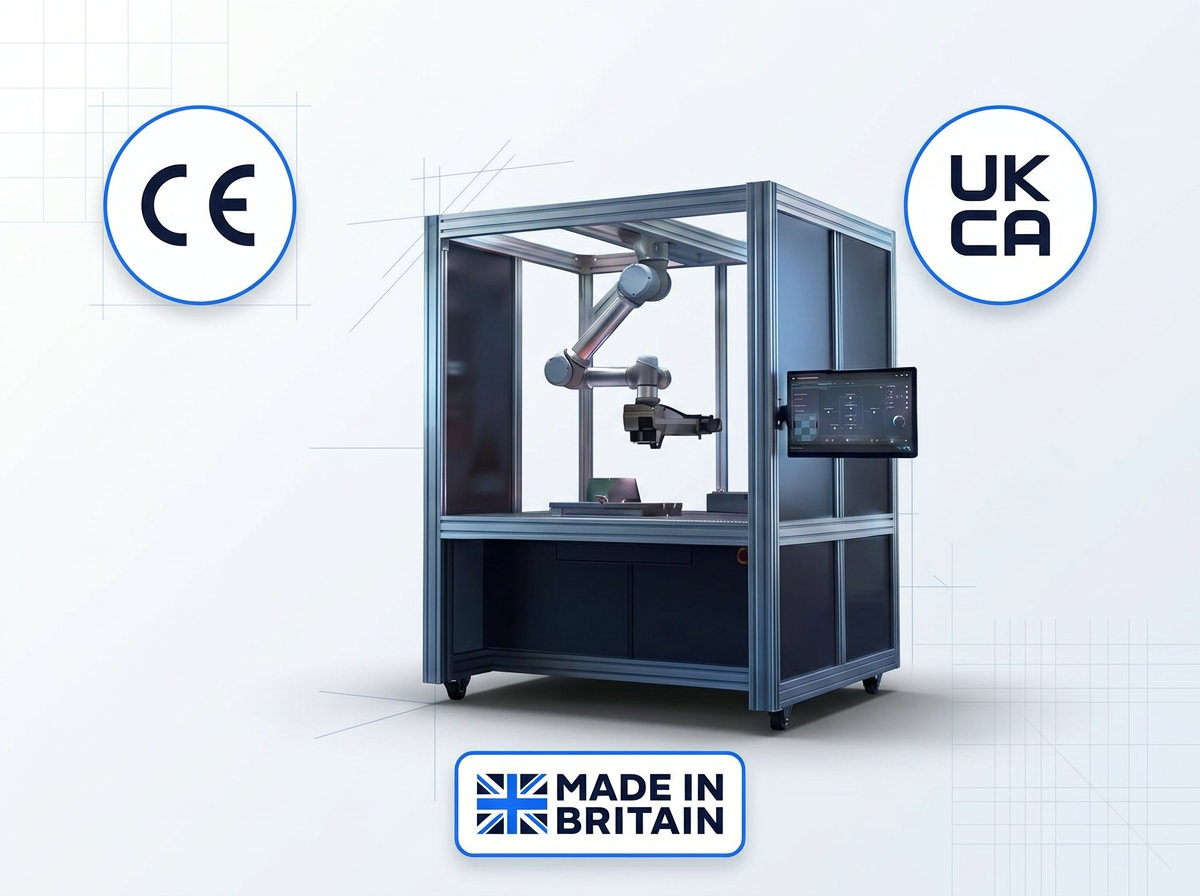 AutoLASE laser mould cleaning machine with robotic arm and control panel, displaying CE, UKCA, and Made in Britain certification badges positioned around the equipment against a light technical background.