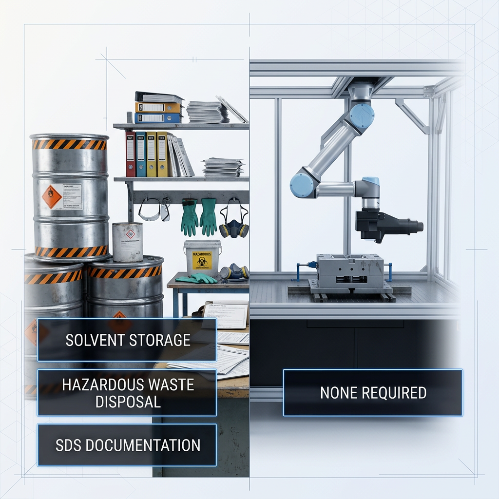 Split-screen comparison: left side shows chemical cleaning setup with drums, hazard labels, safety sheets, and PPE; right side shows minimal AutoLASE laser cleaning workstation with machine and mould. Labels indicate 'Solvent Storage', 'Hazardous Waste Disposal', 'SDS Documentation' on left; 'None Required' on right.