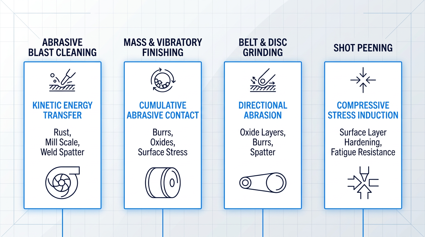Four-column comparison of mechanical finishing methods: abrasive blast cleaning (kinetic energy transfer, targets rust and mill scale), mass and vibratory finishing (cumulative abrasive contact, deburrs edges), belt and disc grinding (directional abrasion, removes oxide layers), and shot peening (compressive stress induction, improves fatigue resistance).