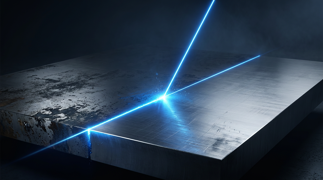 Dark industrial scene showing a polished metal surface with laser beam creating a bright electric blue line of contact, clean bare metal on right contrasting with degraded surface on left.