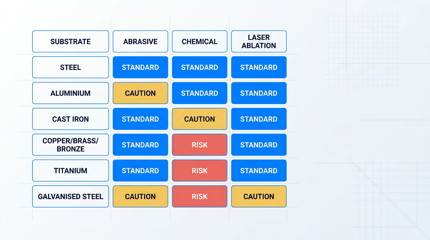 Six-by-three substrate compatibility matrix showing steel, aluminium, cast iron, copper/brass/bronze, titanium, and galvanised steel against abrasive, chemical, and laser ablation finishing categories, with standard, caution, and risk compatibility levels.