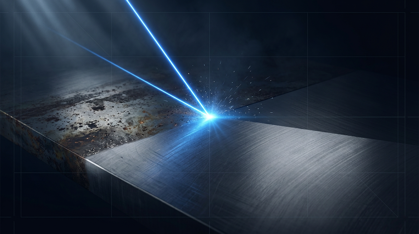 Dark industrial scene showing polished metal surface divided by electric blue laser beam, with oxidized material on left transitioning to pristine bare steel on right, laser contact point glowing with blue radiance and micro-sparks.