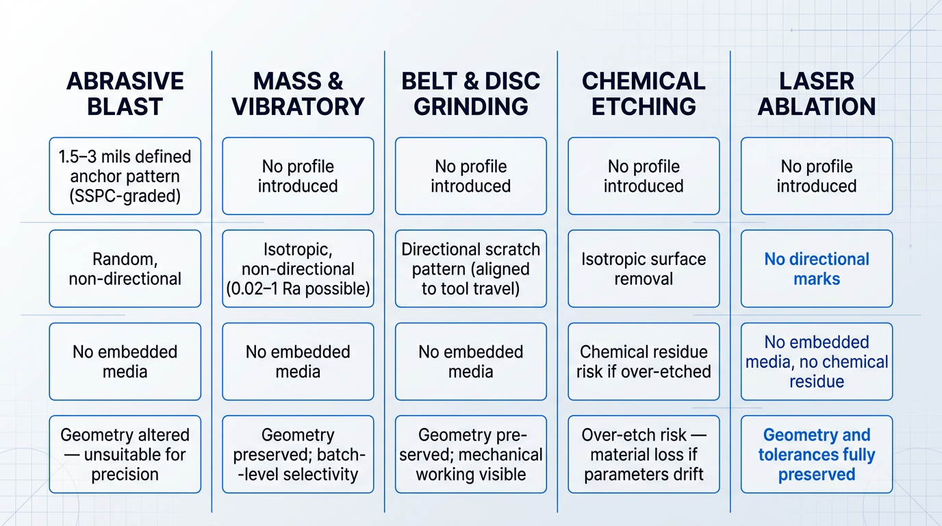 Five-column comparison matrix showing surface quality criteria for metal finishing methods: Abrasive Blast, Mass & Vibratory, Belt & Disc Grinding, Chemical Etching, and Laser Ablation. Rows evaluate surface profile, finish directionality, residue/media risk, and tolerance preservation across each method.