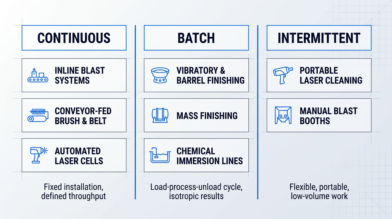 Three-column production pattern matrix: Continuous (inline blast, conveyor-fed brush/belt, automated laser cells), Batch (vibratory/barrel finishing, mass finishing, chemical immersion), Intermittent (portable laser cleaning, manual blast booths).