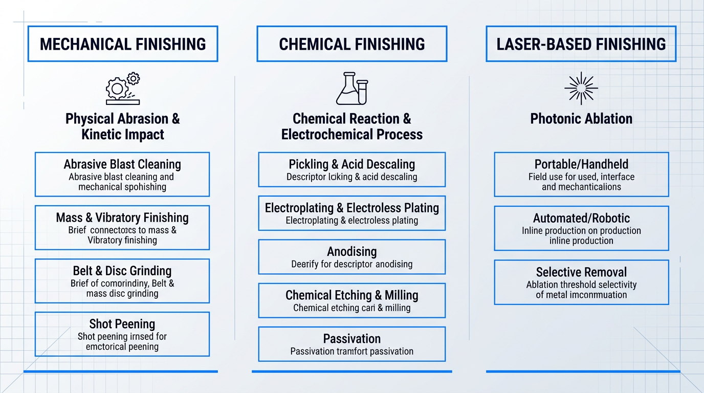 Three-column comparison of metal finishing machine families: mechanical (abrasion and kinetic impact), chemical (reaction and electrochemical), and laser-based (photonic ablation), each with operating principles and example processes.