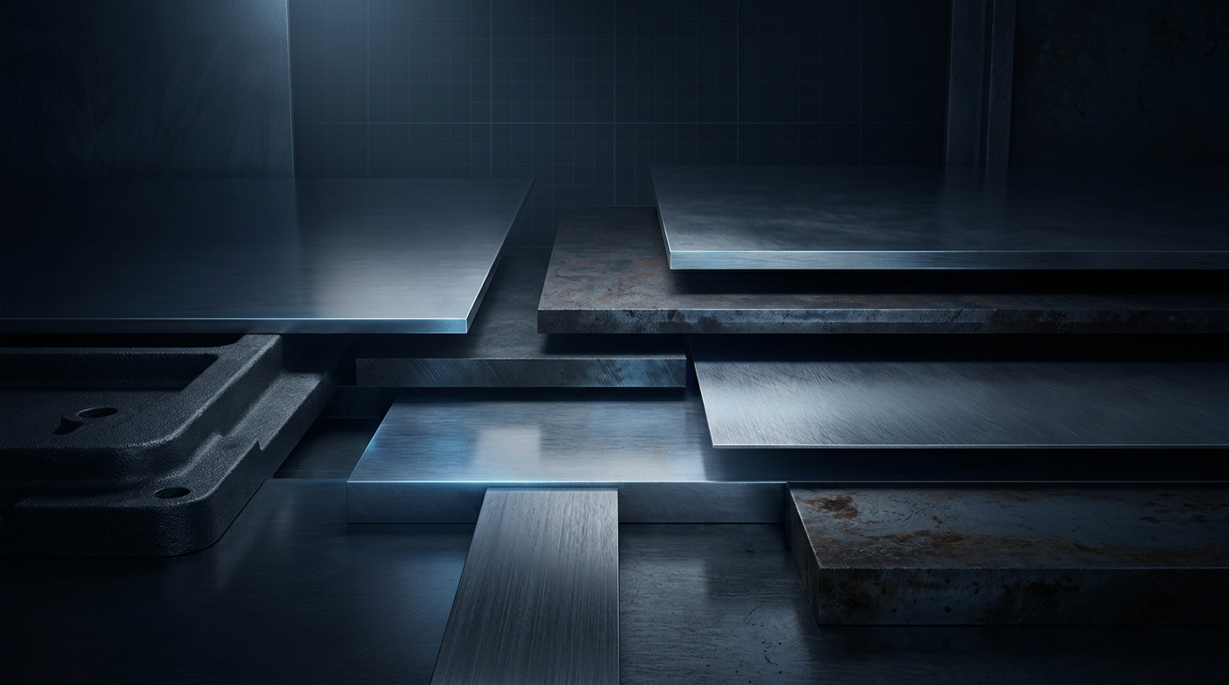 Dark industrial workshop with layered metal surfaces in varying finishes — polished steel, cast iron, and brushed aluminum — lit by cool directional lighting revealing texture and machining marks.
