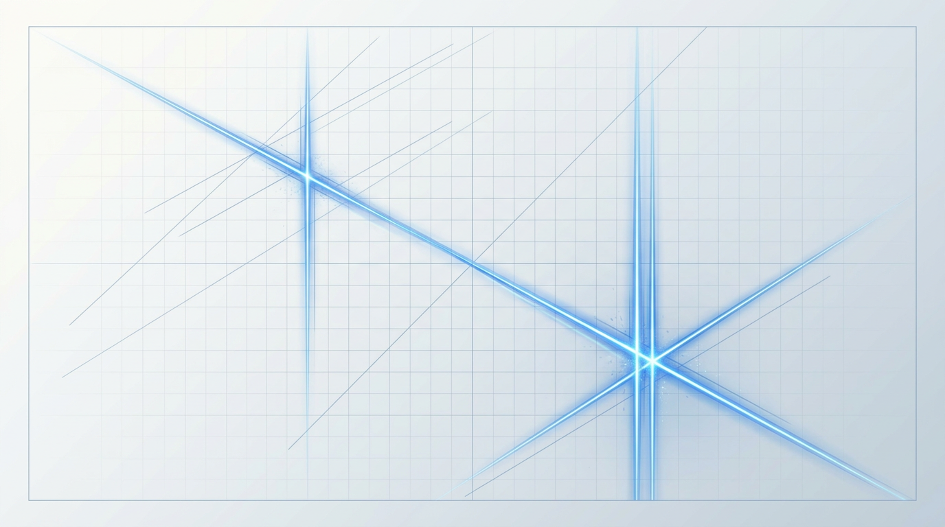 Abstract laser energy patterns with thin electric blue beams intersecting across a light grey gradient background with faint engineering grid overlay.