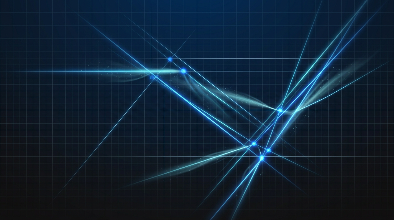 Abstract laser light patterns with electric blue and cyan energy beams intersecting across a dark navy grid, with glowing focal points and particle mist trails suggesting precision laser technology.