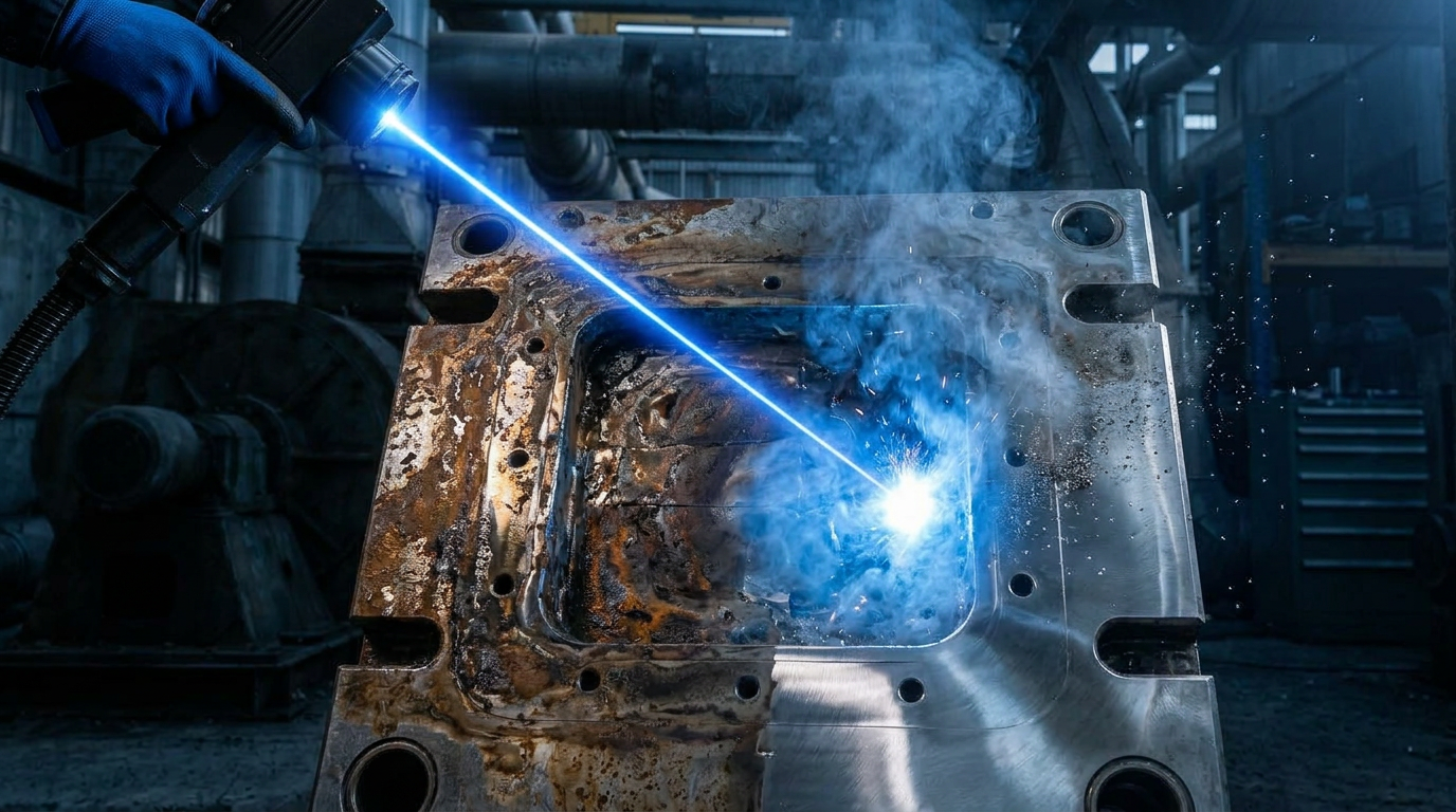 Metal surface with rust and oxidation on left side, clean bare steel on right, divided by bright electric blue laser beam with ablation particles visible in the contact zone.