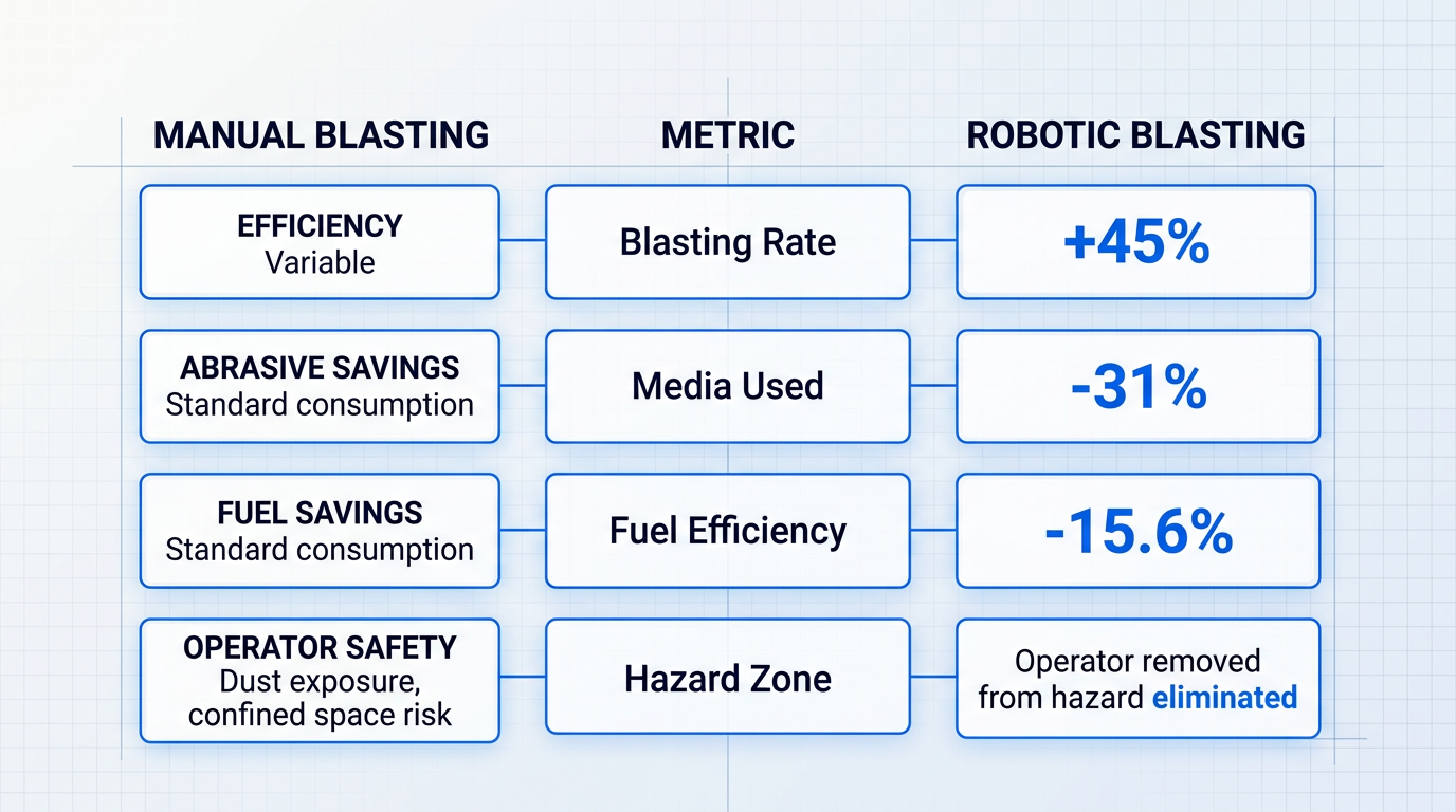 Three-column comparison table showing robotic versus manual abrasive blasting performance: efficiency gains of 45% blasting rate increase, 31% abrasive media savings, 15.6% fuel consumption reduction, and operator hazard elimination.