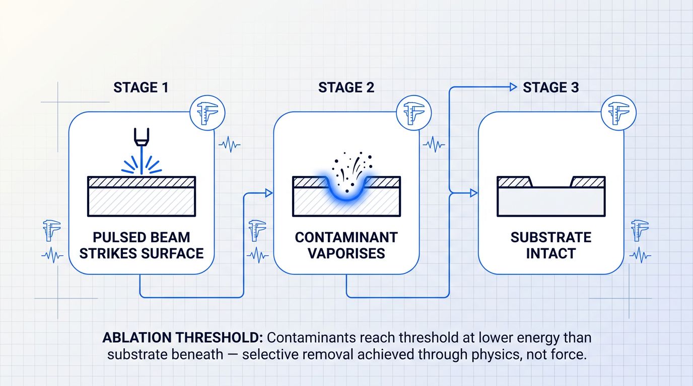 Three-stage process flow showing laser ablation mechanism: pulsed beam striking contaminated surface, contaminant vaporizing at ablation threshold, and substrate remaining intact below.