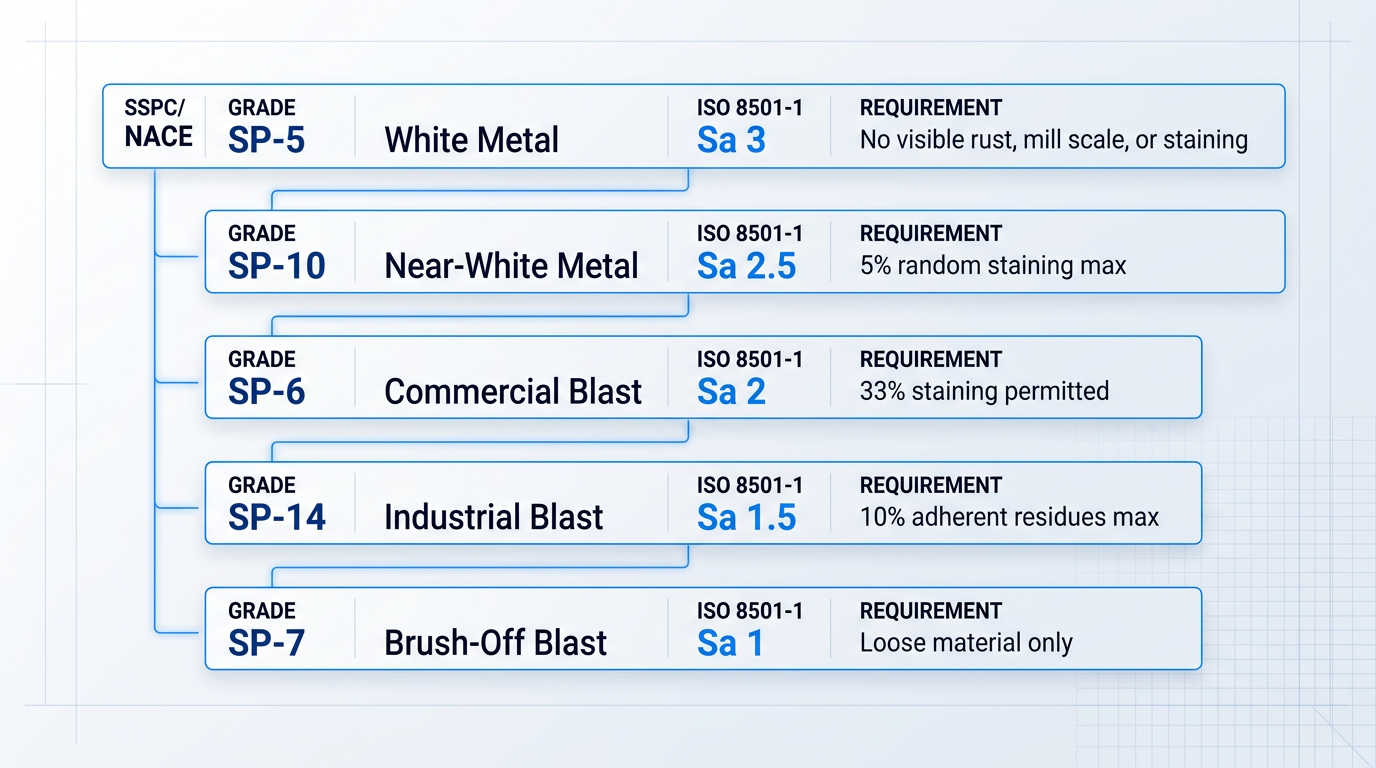 Vertical hierarchy diagram of five SSPC/NACE blast-cleaning grades from SP-5 (White Metal) to SP-7 (Brush-Off), with ISO 8501-1 Sa equivalents and cleanliness requirements for each level.