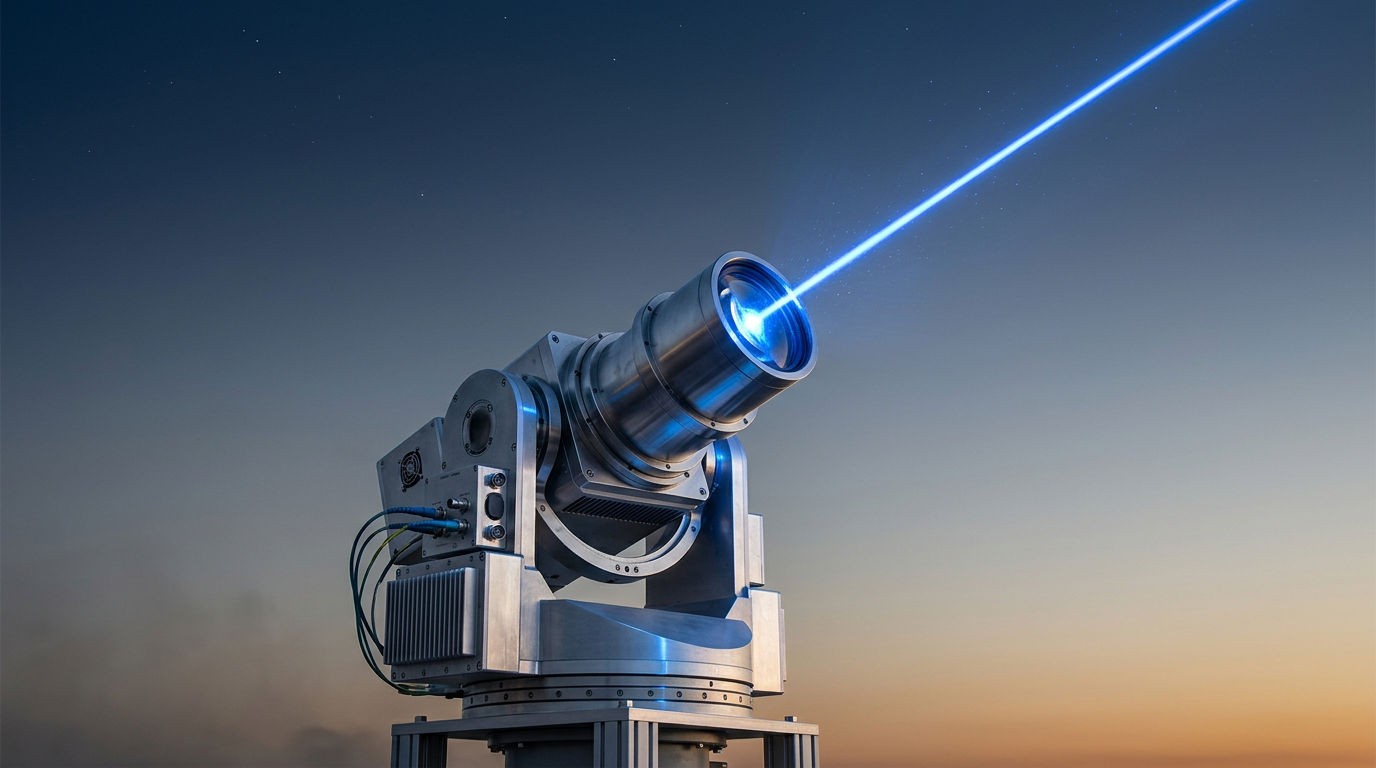 Ground-station optical terminal on precision gimbal platform with collimated electric blue laser beam directed vertically skyward against twilight atmosphere.