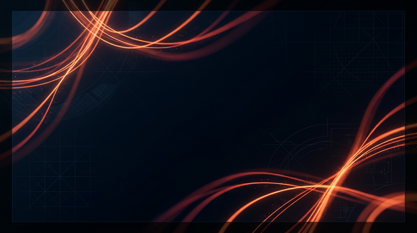 Dark cinematic background with luminous erbium-orange and infrared light threads weaving through darkness, suggesting 1550 nm optical fibre propagation with subtle geometric grid patterns and concentrated glow detail toward edges.