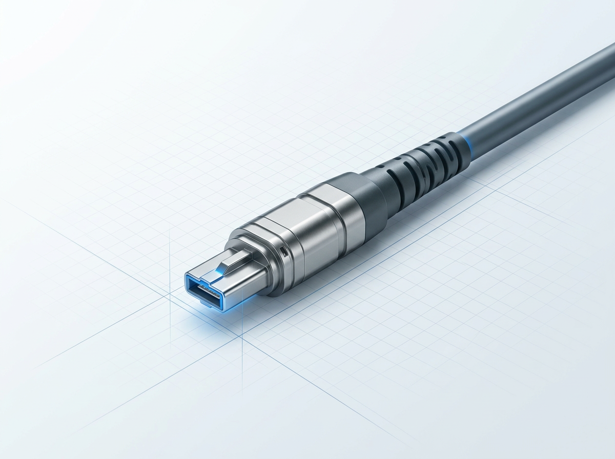Close-up of a fibre delivery cable with precision-machined connector termination, metallic finish with electric blue glow at the contact interface, positioned diagonally against a light technical background.