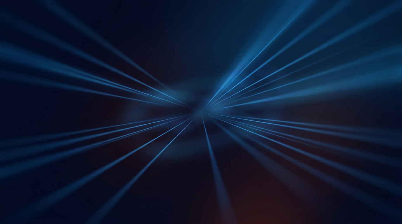 Deep atmospheric background with abstract luminous blue light beams radiating from center, fading into dark navy edges, evoking optical transmission and high-power amplification systems.