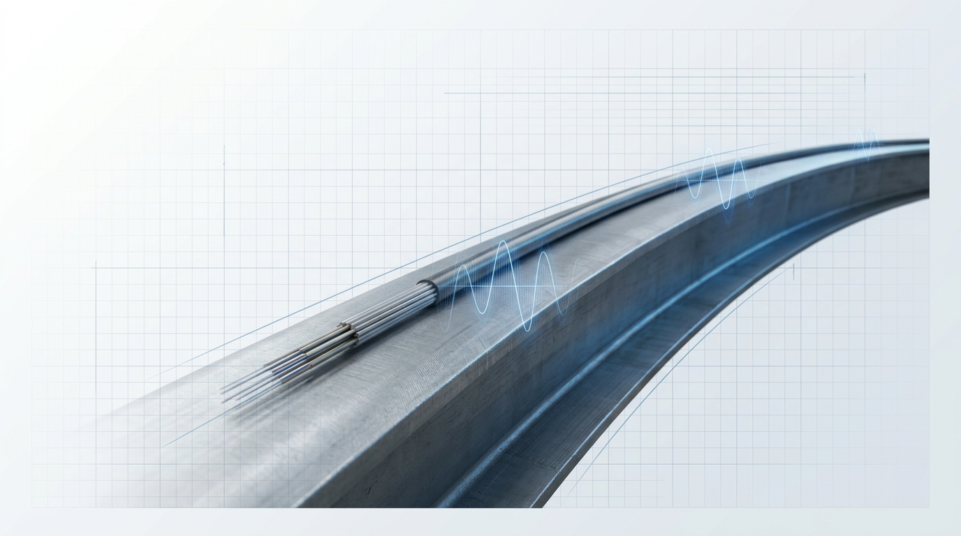 Fibre-optic sensing cable laid along a steel pipeline structure with subtle electric blue signal-wave overlay suggesting distributed acoustic sensing data transmission.