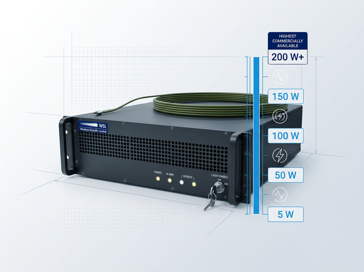 L-Band EDFA unit with vertical power scale overlay showing 5 W to 200 W+ range, highest commercially available badge at top.