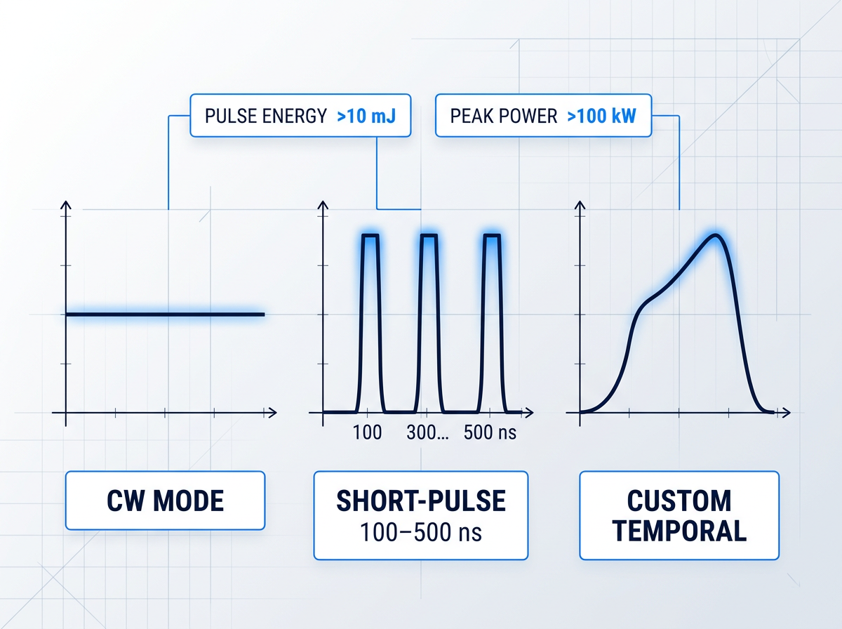 Three pulse waveform diagrams side by side: continuous wave (CW) as flat line, short-pulse mode with 100–500 ns rectangular pulses, and custom temporal shape. Callout labels indicate pulse energy >10 mJ and peak power >100 kW. Dark navy waveforms with electric blue accents on light background.