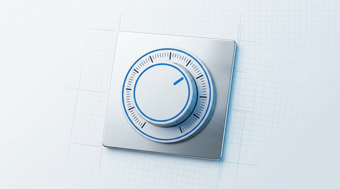 Precision control dial with 0-100% range on light grey background, pointer set to 75%, electric blue accent marking active output control position.