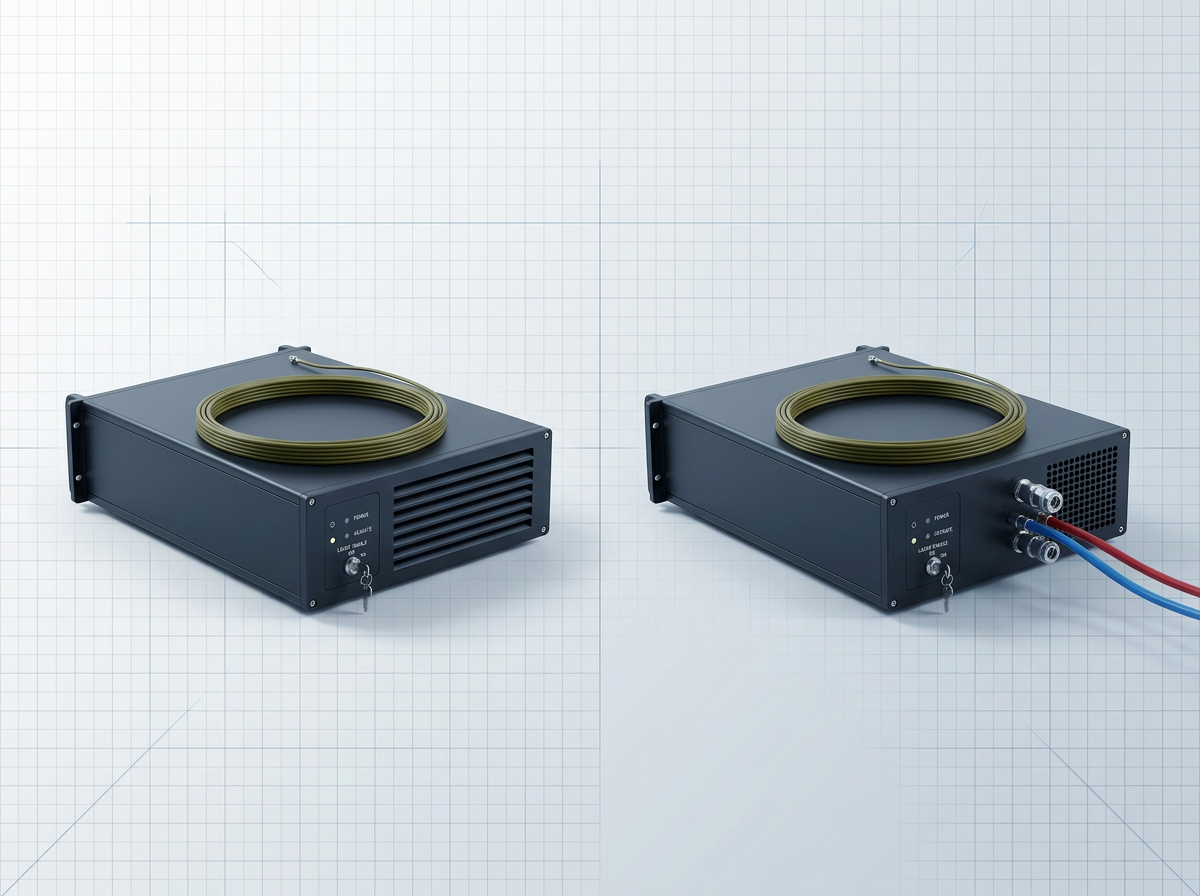 Split-view comparison of two L-band EDFA amplifier units: air-cooled variant on left with fan vents, water-cooled variant on right with coolant connectors and external cooling lines.