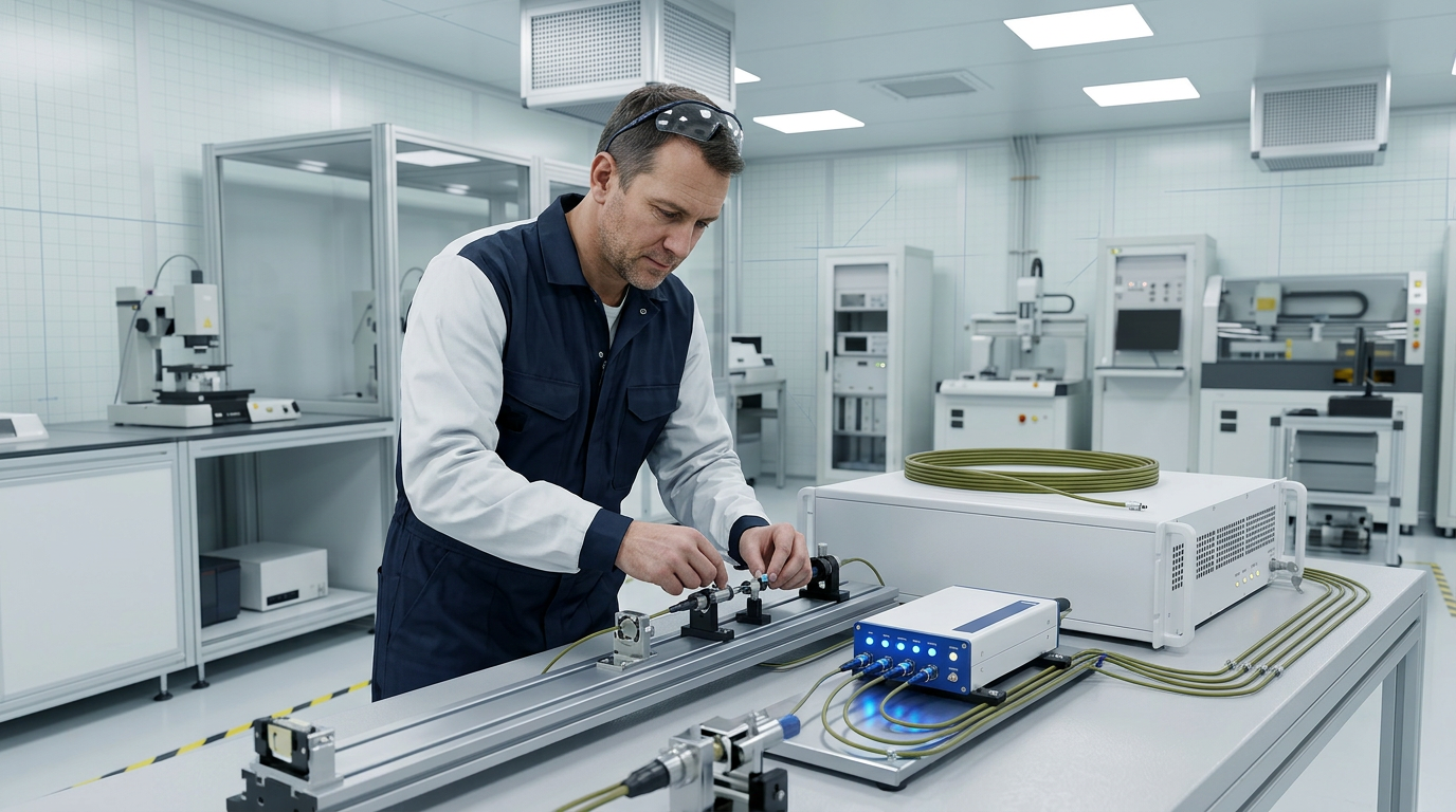 Engineer in lab coat examining fiber optic connectors and instrumentation at precision optical bench with mounted EDFA components and control panel.