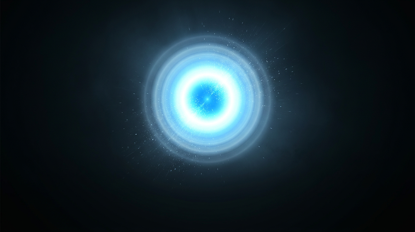 Intense laser pulse burst with brilliant electric blue-white core radiating concentric rings of decreasing intensity, surrounded by dark environment with subtle particle scatter.