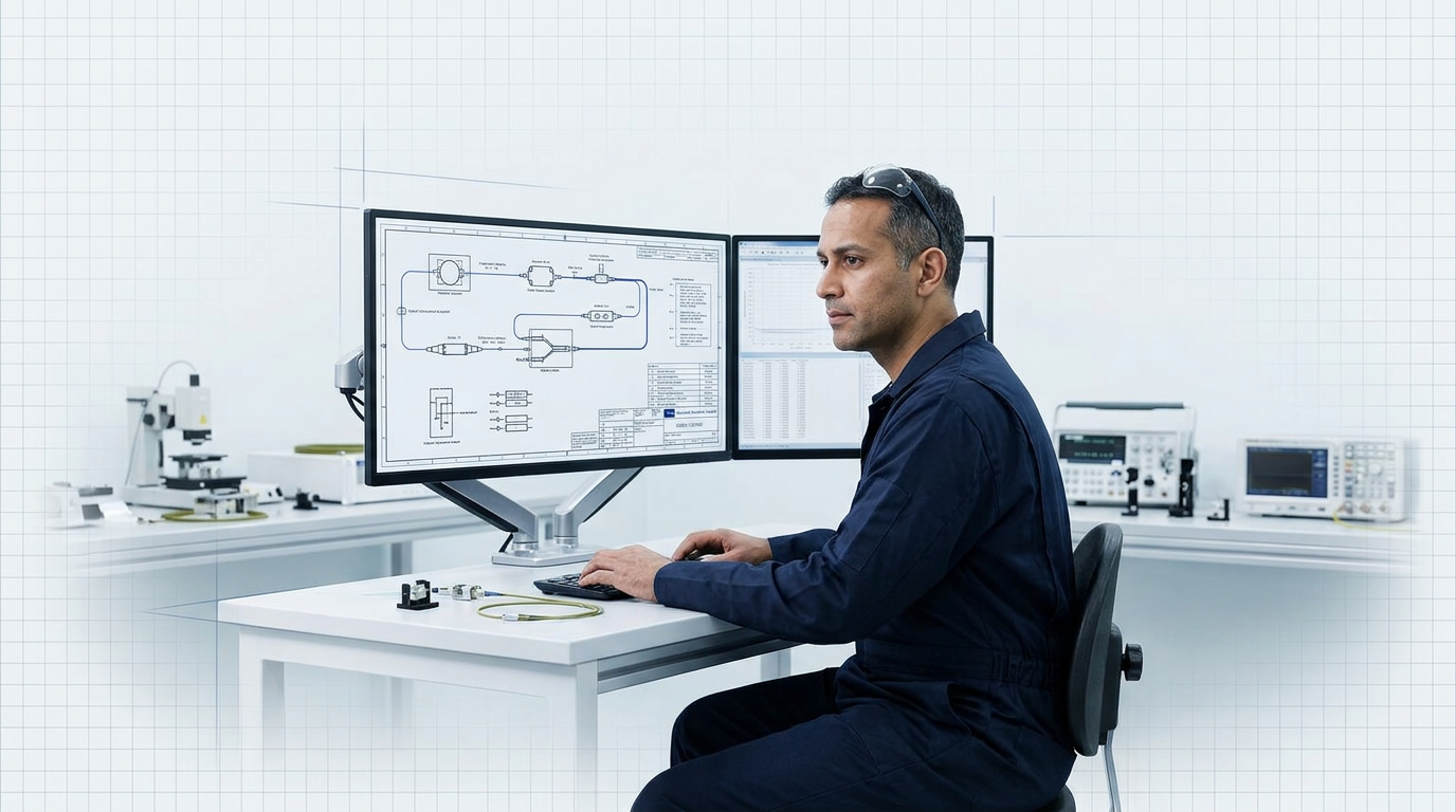 Engineer in navy coveralls seated at technical workstation, reviewing optical system schematic on large monitor with fiber optic components and instrumentation visible in soft focus on bench behind.