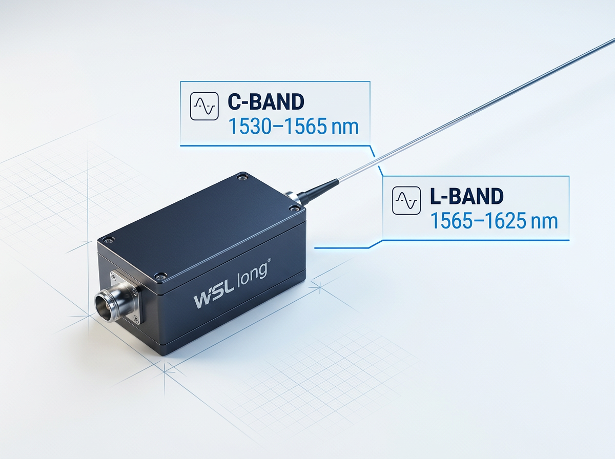 Fibre amplifier unit with single output cable labeled C-band (1530–1565 nm) and L-band (1565–1625 nm) wavelength ranges delivered through unified fiber delivery.