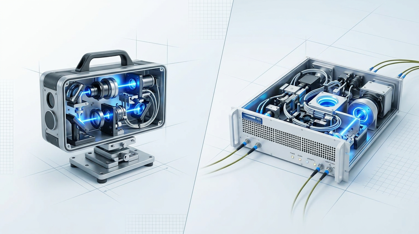 Split-frame composition showing field atmospheric sensing instrument on left with optical platform and blue laser interaction points, and laboratory optical EDFA amplifier system on right with fibre cables and precision components, both rendered with cool industrial lighting.