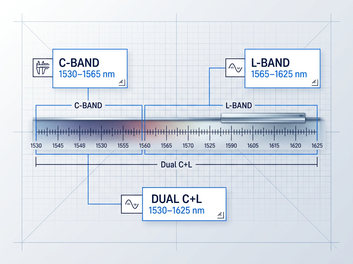 Spectrum wavelength diagram showing the 1530–1625 nm erbium window with C-band (1530–1565 nm) and L-band (1565–1625 nm) regions clearly marked with electric blue borders and labels, dual C+L option indicated across full range.