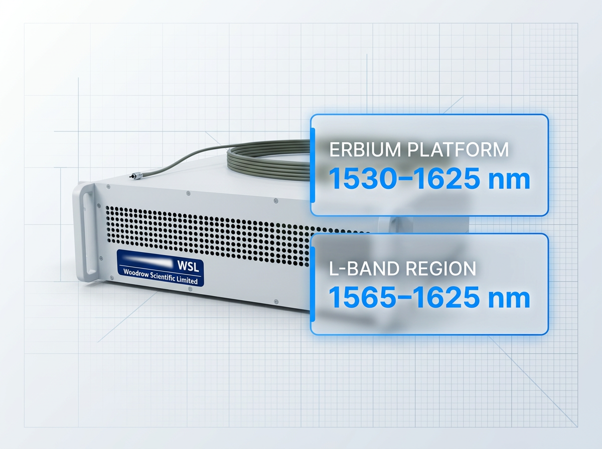 Precision fibre amplifier unit with clean metal enclosure and Woodrow Scientific logo, positioned on light surface with two overlapping specification containers marking erbium wavelength ranges: 1530–1625 nm full platform and 1565–1625 nm L-band region.