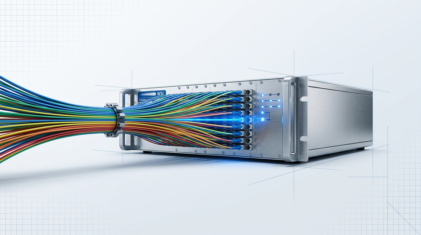 Dense fibre-optic cable bundle with colour-coded jackets feeding into a rack-mounted Woodrow Scientific EDFA amplifier unit with illuminated control panel and electric blue connector accents.