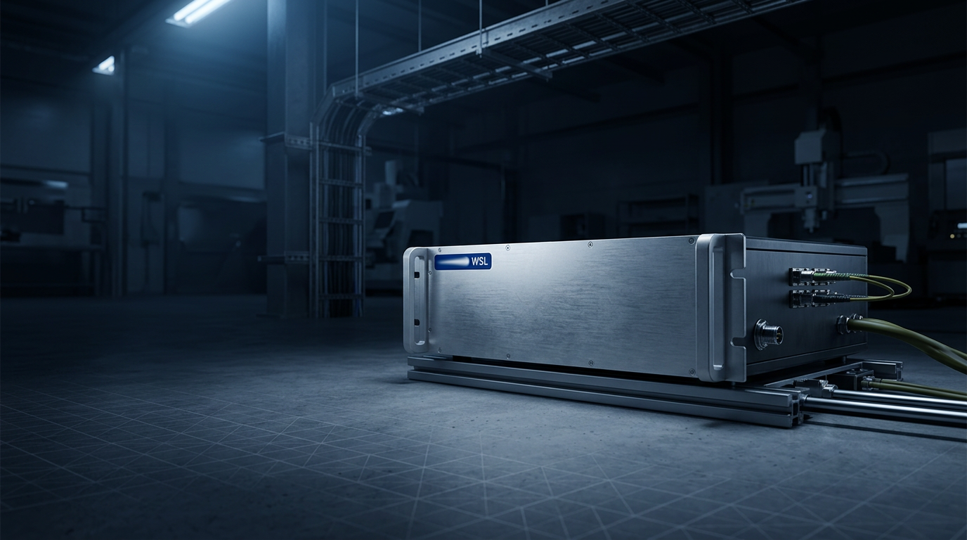 Ruggedised L-Band EDFA amplifier unit in brushed steel and anodised aluminium enclosure, positioned on precision mounting bracket in dark industrial facility with cool directional lighting.