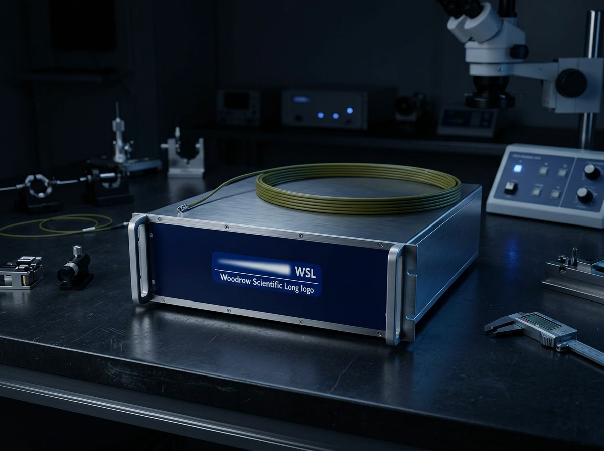 L-band EDFA amplifier chassis with Woodrow Scientific branding on dark workbench, fibre cable coiled on top, precision optical tools softly visible in background workshop.