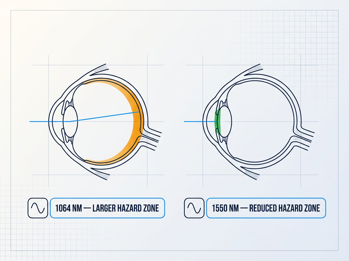 Two side-by-side cross-sectional eye diagrams comparing 1064 nm and 1550 nm infrared beam penetration: left eye shows 1064 nm beam reaching retina highlighted in amber hazard zone; right eye shows 1550 nm beam absorbed in anterior media with green absorption indicator, not reaching retina.