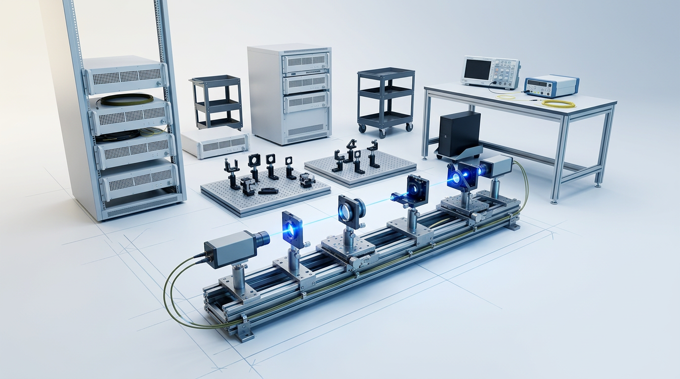 Precision optical bench with mounted photon-counting detectors, fibre coupling optics, and single-mode fibre cables in a bright laboratory workspace with cool directional lighting and blue glow at laser interaction points.