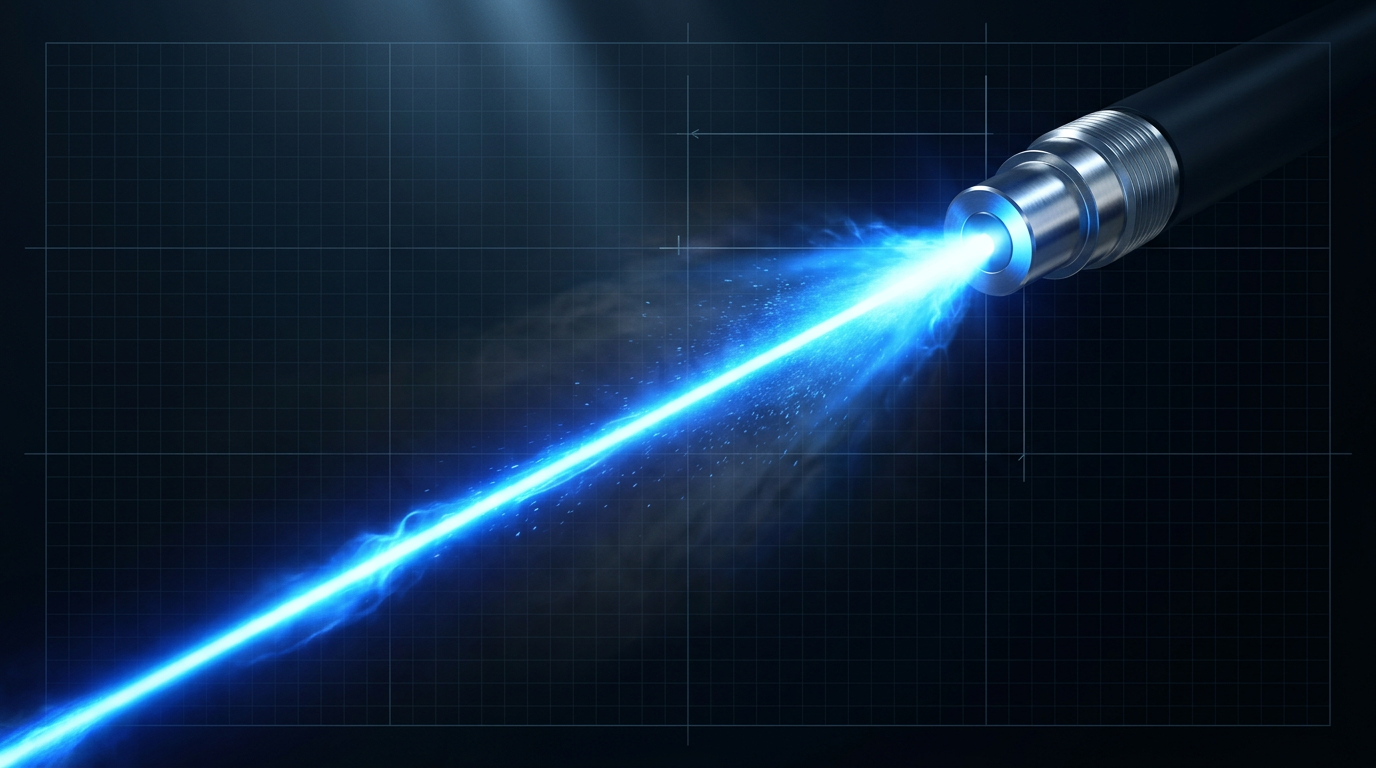 Intensely bright electric blue laser beam emerging from a precision fibre optic cable end-face against a dark technical background, with visible plasma glow and particle ablation around the beam edges.