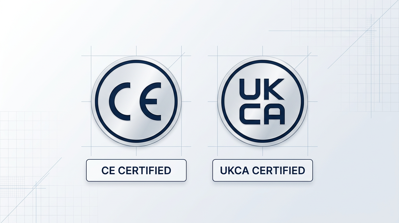 CE and UKCA certification badges side by side with labels beneath each, rendered as crisp navy emblems on light background