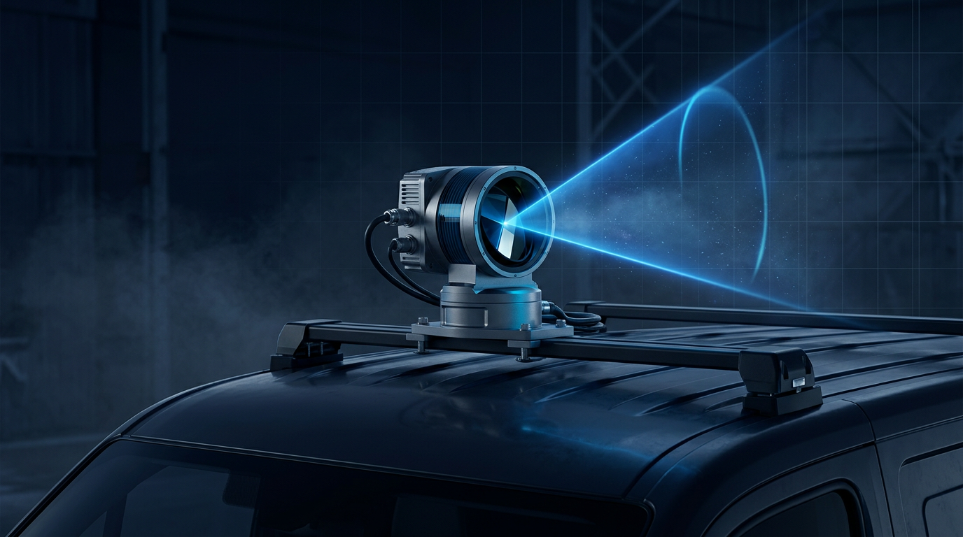 LiDAR sensor unit mounted on vehicle rooftop with electric blue scanning beam visualized in sweeping arc against dark industrial background