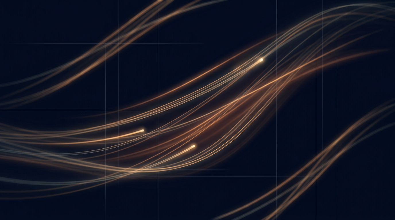 Abstract optical fiber transmission with glowing amber and golden strands suspended in deep navy void, suggesting infrared light propagation across network spans with geometric grid overlay.