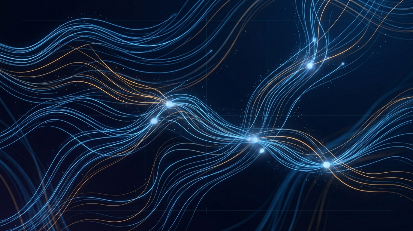 Abstract optical fibre visualization with glowing electric blue and amber strands intersecting across deep navy background, representing L-band infrared light transmission through fibre optic infrastructure.