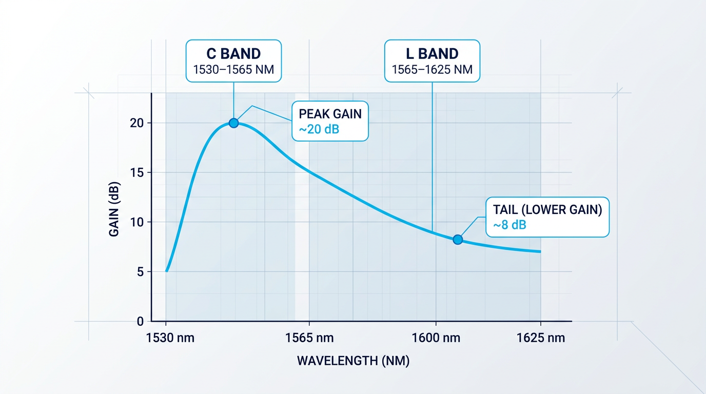 Erbium gain spectrum curve showing peak gain at C-band (1530–1565 nm) and declining gain at L-band (1565–1625 nm), with wavelength and gain axes labeled and both regions annotated.