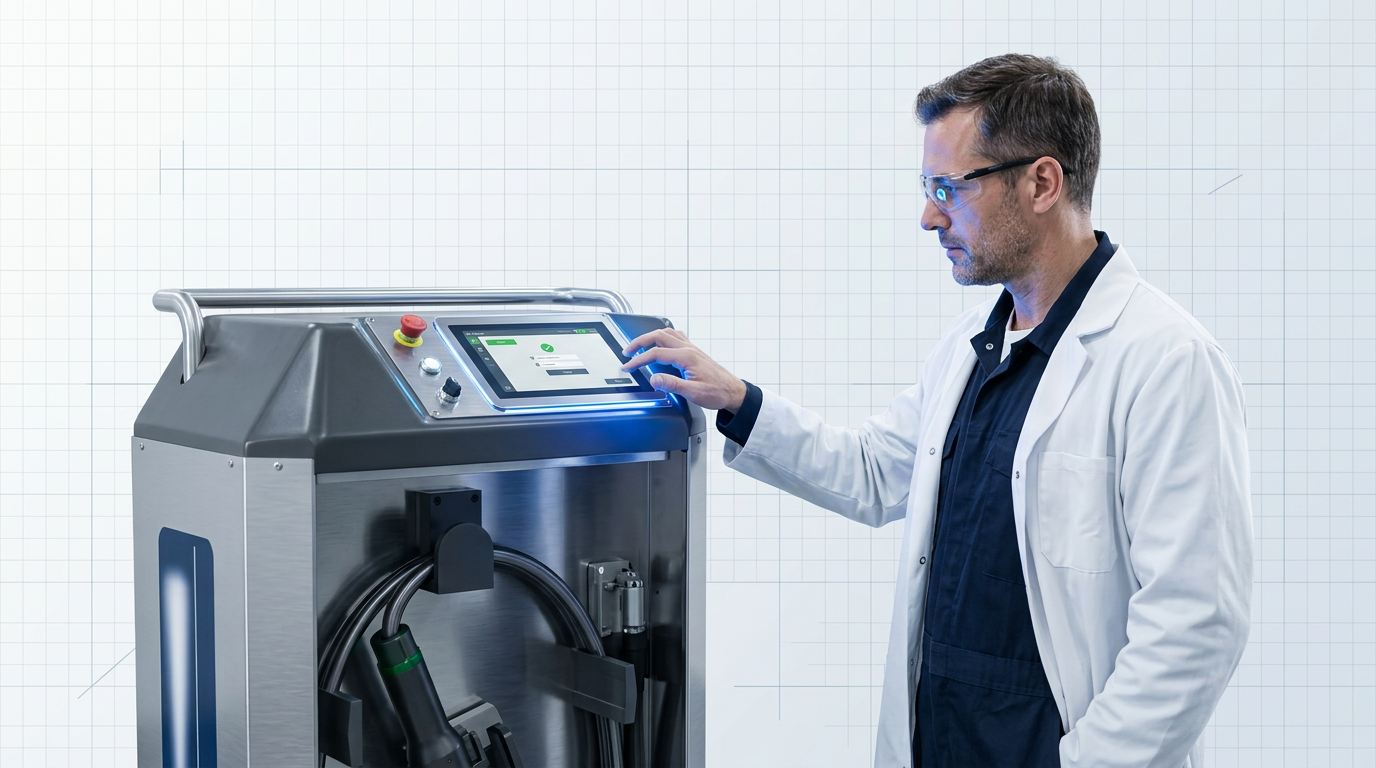 Engineer in navy coveralls and lab coat operates the touchscreen interface of an ELASER laser cleaning machine during startup sequence, with the machine cabinet and control panel visible on the left side of the frame.