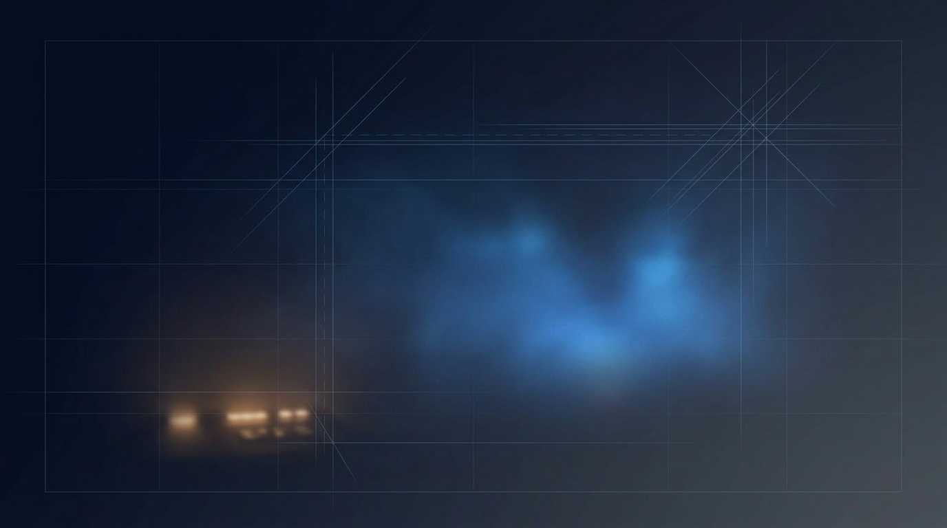 Dark industrial laser environment with deep navy and charcoal tones, electric blue glow from laser light in center-right, amber accent lighting in lower left, subtle geometric grid and construction lines suggesting technical workspace.