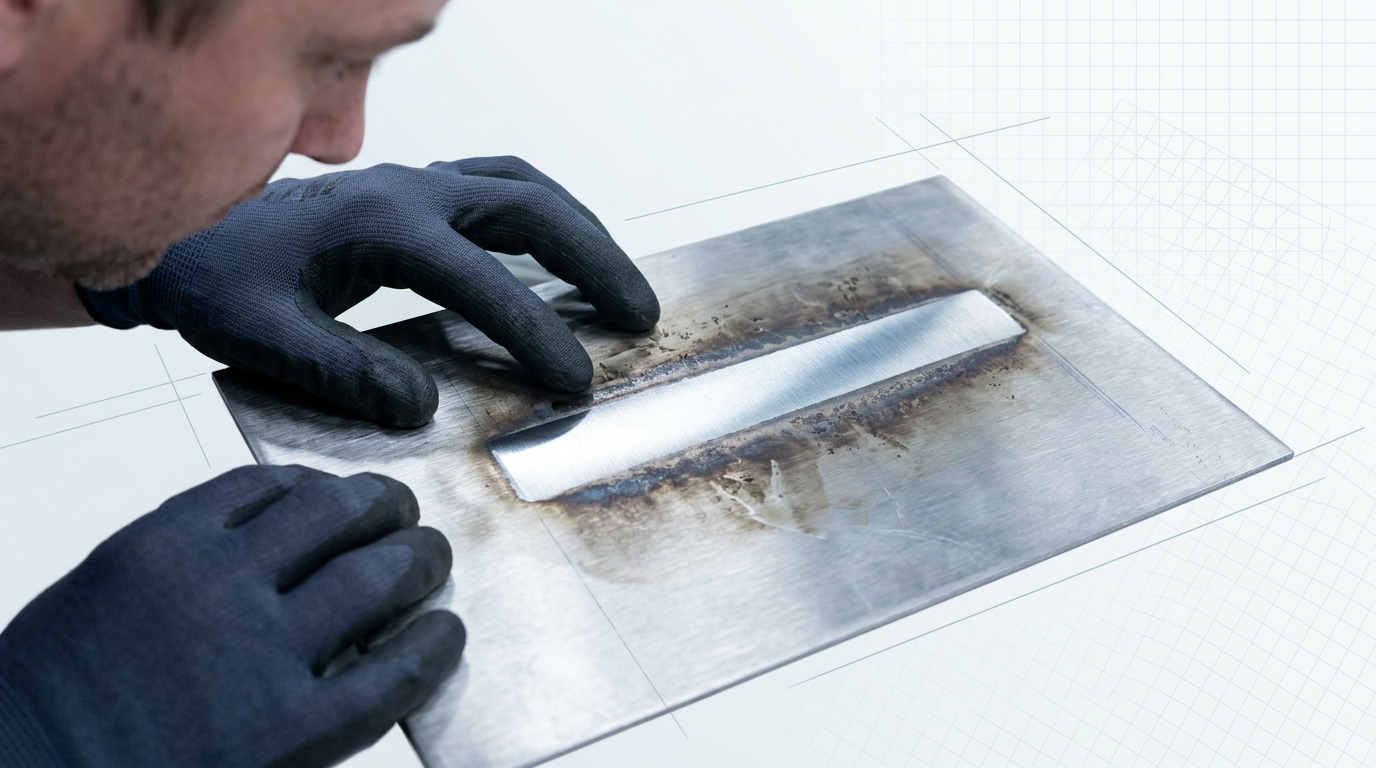 Gloved technician's hands closely inspecting a rectangular test zone on metal surface, showing stark contrast between clean laser-ablated strip and surrounding oxidized area.