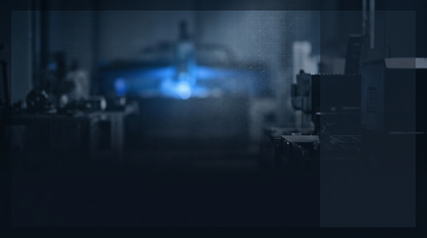 Dark industrial workspace with soft defocused electric blue laser glow emanating from upper-center area, fine metallic particles suspended in hazy atmosphere, subtle geometric grid pattern suggesting precision measurement.